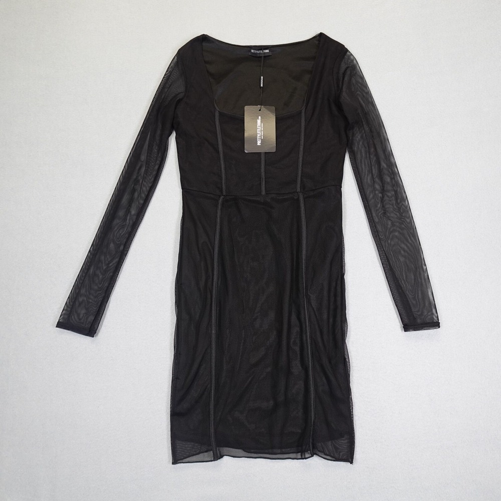 PrettyLittleThing Dress Womens 8 Black Mesh Long Sleeve Bodycon Mini Clubwear